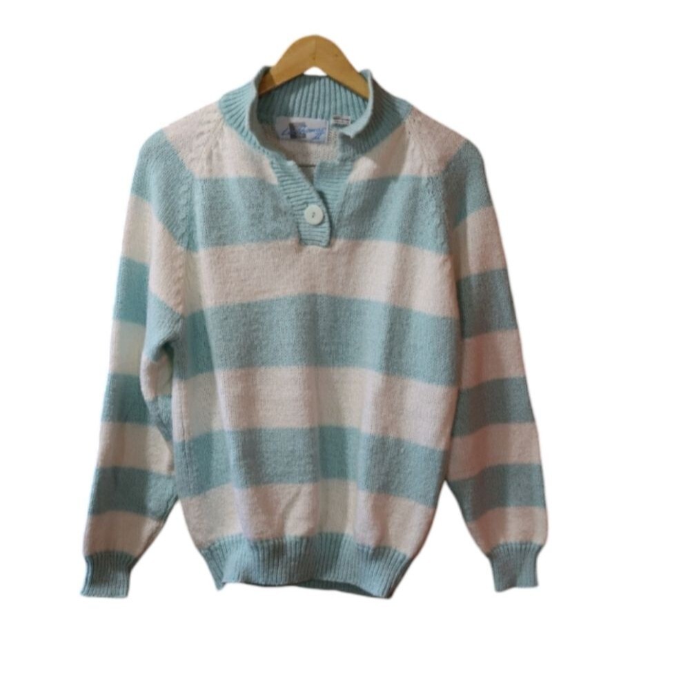 Liz Thomas II Vintage Blue White Striped Polo Knit Sweater Size 38 / 18W
